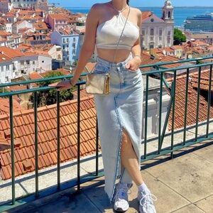 ZARA front slit washed denim skirt